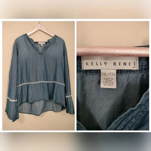 Kelley Renee Sz XXL Jean Blouse Top Crochet Lace Trim BOHO VIBE